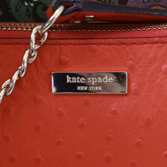 NWOT Kate Spade Red Ostrich Embossed Shoulder Bag, Gold Chain Strap - Picture 2 of 12